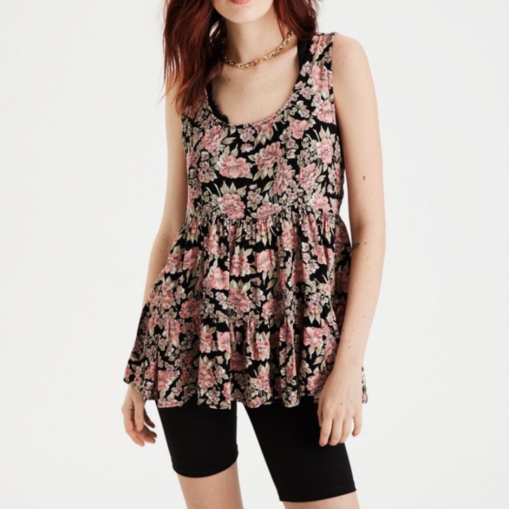 AMERICAN EAGLE high low scoop neck tank top floral